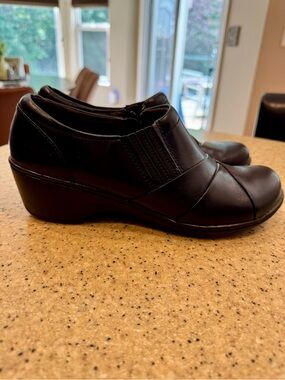 Clarks Black Leather Slip-On Wedge Loafers